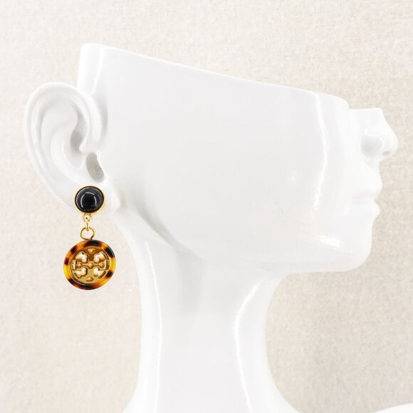 Tory Burch Tortoise Shell Logo Drop Earrings Gold OS - Picture 8 of 8